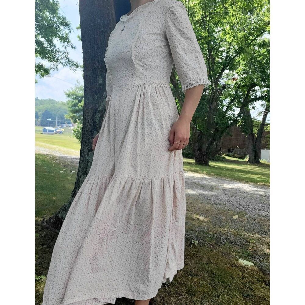 Vintage Prairie Dress Women's Small Pink Floral Print Lace Trim Long Cottage - Picture 11 of 12